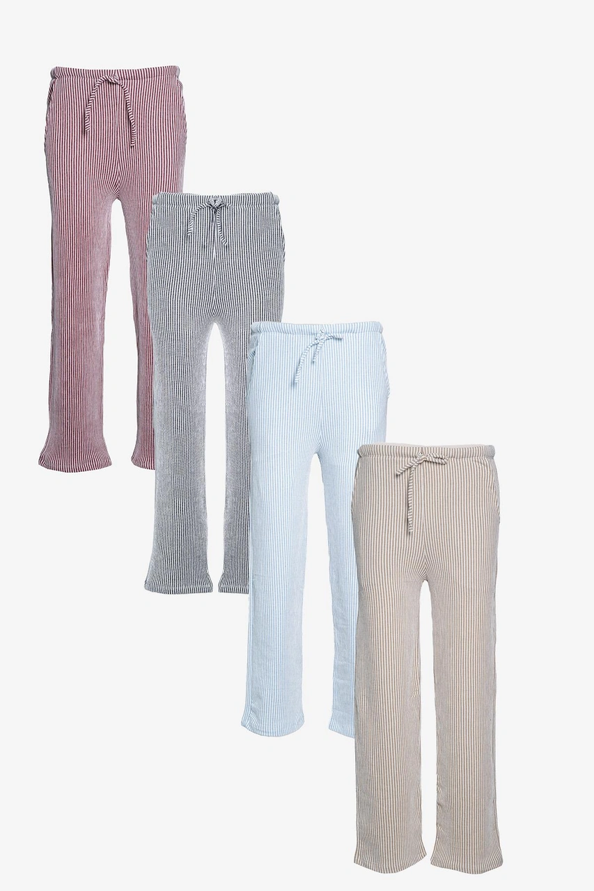 Çizgili Düz Paça Beli Lastikli Pantolon - Kahve Kahve