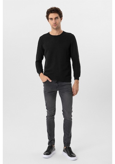 Siyah Slim Fit Armürlü Bisiklet Yaka Triko Kazak-36351 Siyah