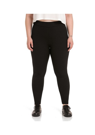 Büyük Beden Fitilli Beli Lastikli Bilekte Siyah Bayan Tayt