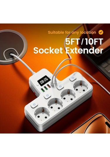 Honeybeeshop 1.5m 3m Uzatma Kablosu Asiri Yuk Korumali Coklu Anahtarlı Cikis 4 Ac Soket 3 Usb Port Siyah 10 Ft Ev Ofis Icin