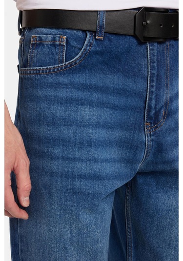 Erkek Relax Fit Geniş Kesim Boru Paça Denim Yıkamalı Taşlamalı Esnek Mavi Jean Kot Pantolon-34490 Mavi