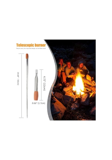 Neevoyu Kompakt Cep Boyu Kamp Ateşi Üfleme Borusu - 50 Cm Katlanabilir Paslanmaz Çelik, Silikon Ağızlı Gümüş