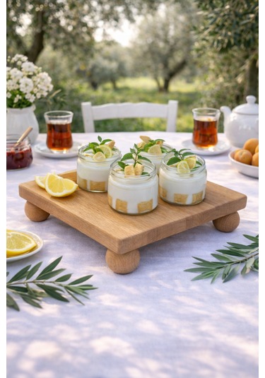 Kayın Ağacı Risus Top Ayaklı 25x25 Cm Ayaklı Kare Sunumluk Pasta, Kek Ve Kahvaltı Servis Tabağı Açık kahverengi