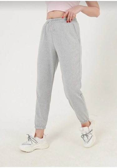 Düz Basic Eşofman Altı Jogger - Gri Lastik Paça Yüksel Bel Gri