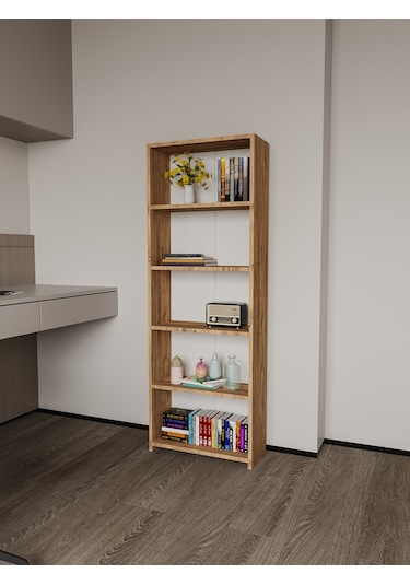 Alpa Ev Mobilya 5 Raflı Kitaplık, Modern Çok Amaçlı Ahşap Ofis, Salon Ve Mutfak Raf Dolabı Atlantik Çam