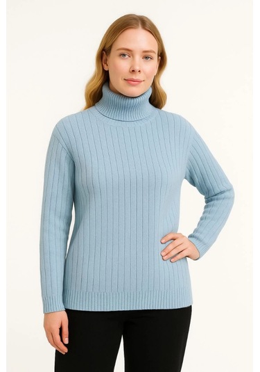 Balıkcı Yaka Bağazlı Triko Kazak Pamuklu Kalın Fitilli Dokuma - Bebek Mavisi Siyah - Gri