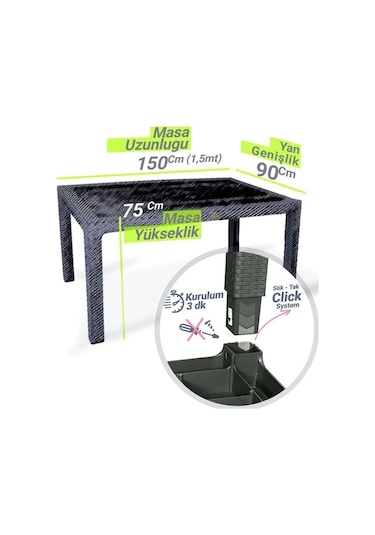 Bambu Siyah 90x150 Cm Camlı Rattan Bahçe Balkon Masa Takımı Siyah