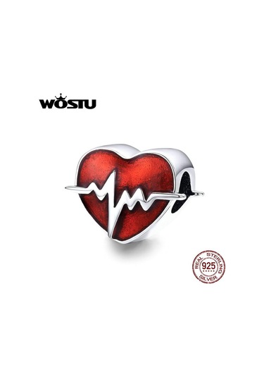 Wostu 925 Ayar Gümüş Kalp Atışı Kalp Boncuk Kırmızı Emaye Charms Fit Orijinal Bilezik Kalp Charm Gümüş