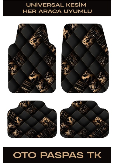 Dekoratif Oto Paspas Takımı Universal Kesim Siyah Altın Desen 4 Parça Araba Paspası