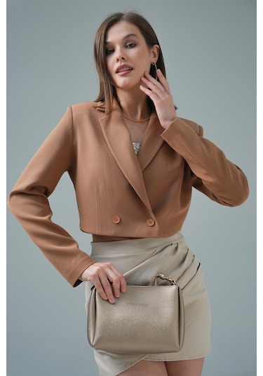 Kamel Kruvaze Crop Blazer Ceket Kamel
