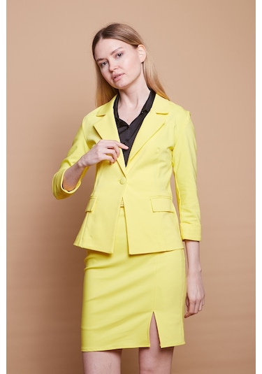 Astarlı Yüksek Bel Önden Yırtmaçlı Deri Kemerli Pamuklu Hafif Likralı Kumaş Kalem Etek Kemer Dahil -sarı - Sarı