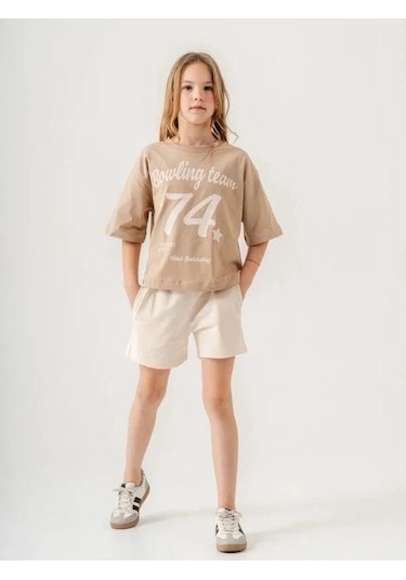 Kız Çocuk Pamuklu 74 Yazılı Şortlu Takım-15886 Bej