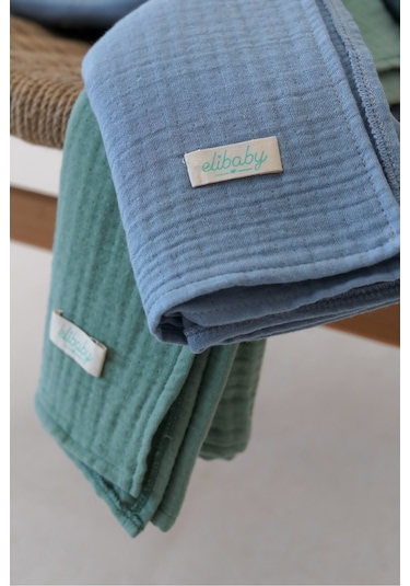 Pamuk 4 Katlı Müslin Örtü Seti 2'li İndigo Mavi ve Çağla Yeşili Mavi Yeşil