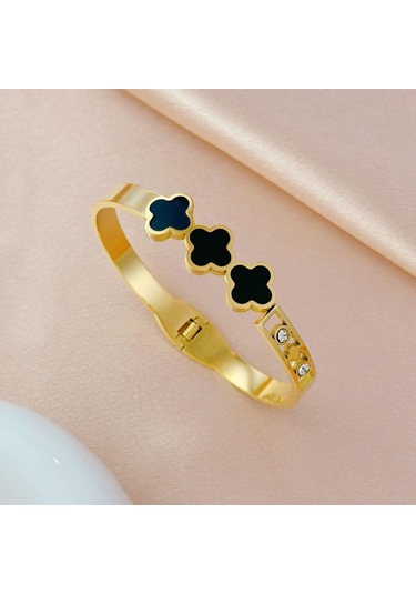 Altın Siyah Kabuk Üç Yonca Çim Kakma Pırlanta Titanyum Çelik İçi Boş Bileklik Altın