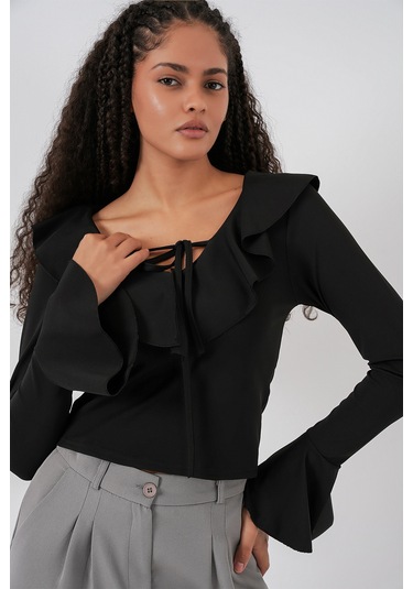 Kadın Uzun Kol Crop Bluz 979 - Siyah Siyah