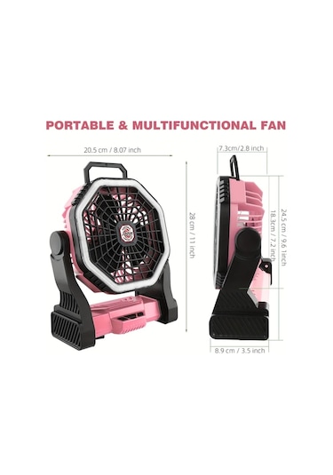 Motion003 Roykaw 10000mah Sarj Edilebilir Kamp Fanli Telefon Sarjli Led Aydinlatmali Cadir Fan Pembe