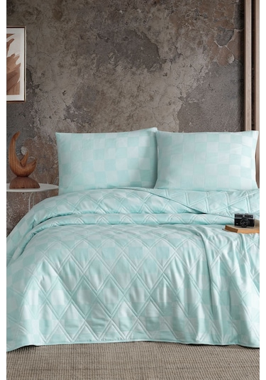 Enlora Home Kareli Saten Çok Amaçlı Örtü Çift Kişilik Mint