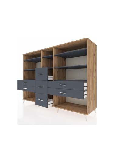 Kronos Dolap 8 Raflı 7 Çekmeceli 220x59x163 Çam-antrasit Çam-antrasit