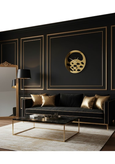 Nova Model Ahşap Üzeri Akrilik Duvar Saati 50 X 50 Cm Sessiz Mekanizma Gold Siyah Renk