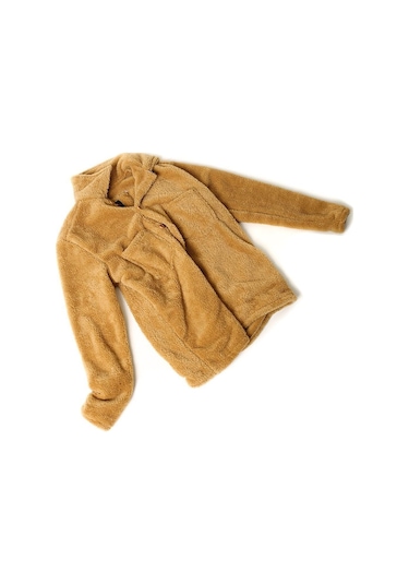 Unisex Camel Düğme Detaylı Cepli Peluş Ceket Camel