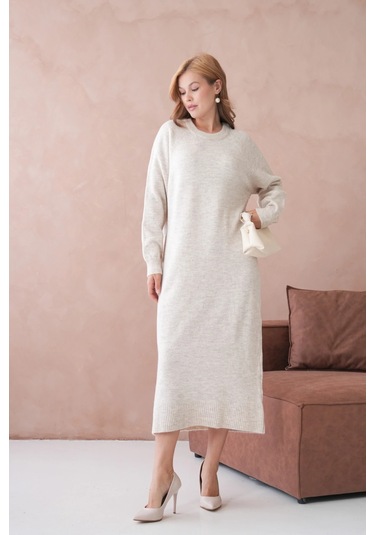 Kadın Bisiklet Yaka Yumuşak Dokulu Maksi Boy Şardonlu Oversize Triko Elbise 8324sw Taş