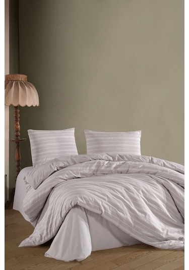 Varol Lastikli Saten Çizgili Çift Kişilik Nevresim Takım Taş