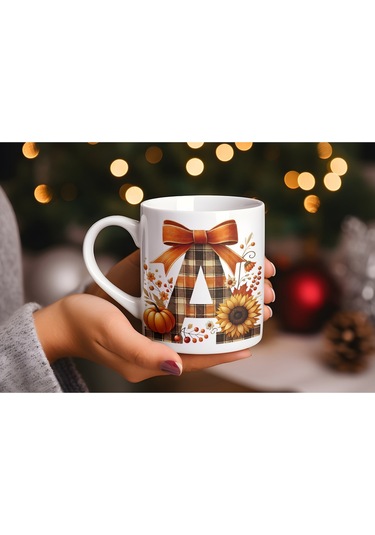 A Harfi Ekose Ve Sonbahar Temalı Kupa Bardak - Kişiye Özel Sıcak Tonlar Alfabe Kupa - Hediye Beyaz