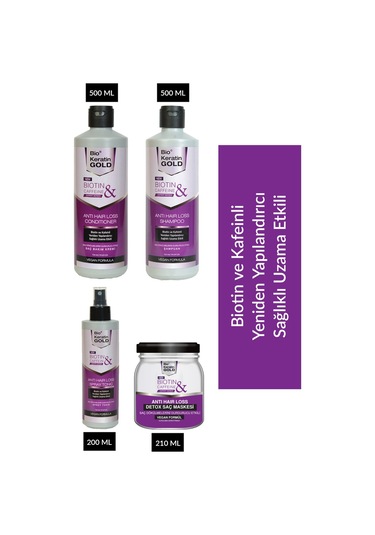 Bio Keratin Gold Biotin & Kafein Dökülme Karşıtı Saç Toniği Şampuan Saç Bakım Kremi Saç Detoxu 4'lü Set
