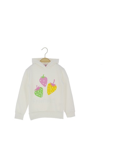 Çilek Baskılı Kapüşonlu Üç İplik Şardonlu Sweatshırt Ekru