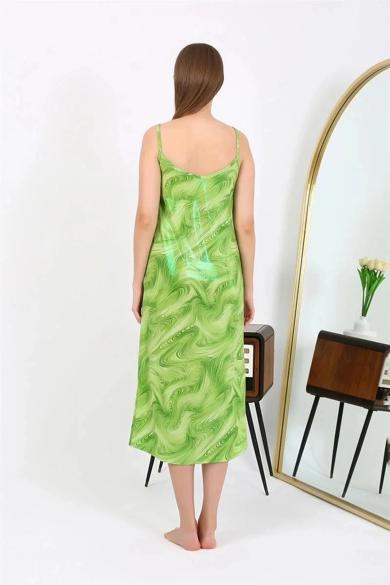 Moda Kadın İp Askılı Uzun Parlak Micro Elbise Gecelik Yeşil Yeşil