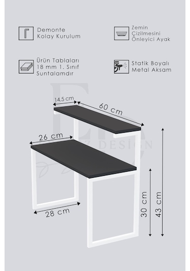 Akik 2 Raflı Metal Çok Amaçlı Mutfak Rafı / Tezgah Üstü Raf Siyah Metal - Beyaz Tabla Beyaz