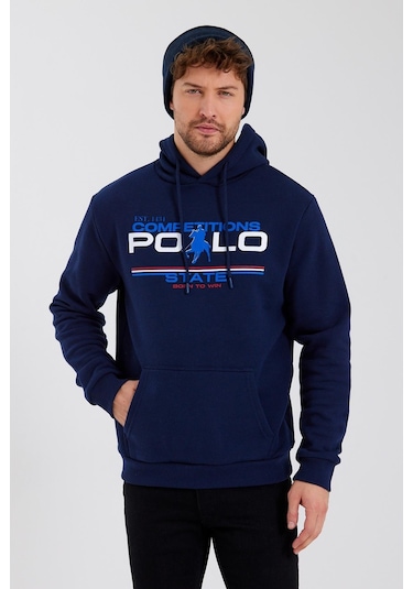 Polostate Erkek Kapüşonlu Baskılı 3 İplik Sweatshirt Lacivert