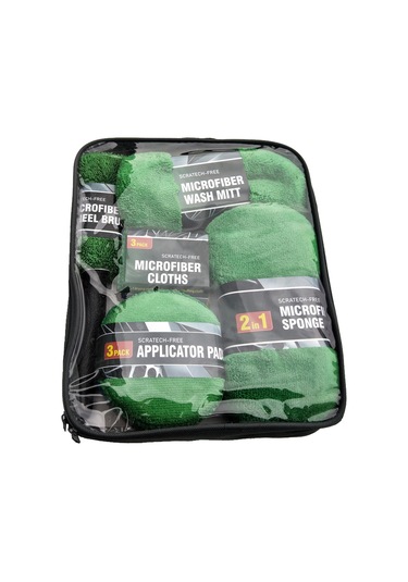 Samdoo Araç Temizleme Seti - 9 Parça Mikrofiber Bez, Eldiven Ve Sünger Yeşil