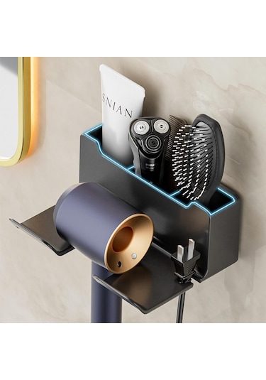 Siyah Depolama Tutucu Saç Kurutma Makinesi Tutucu Duvara Monte Raf Banyo Saç Kurutma Makinesi Depolama Raf Saç Fırçası Depolama Braketi Siyah