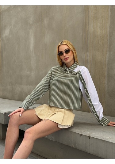 Kadın Özel Tasarım Yaka Koldan Giymeli Düğmeli Çizgi Garnili Crop Boy Tesettüre Uygun Bluz Gömlek Haki