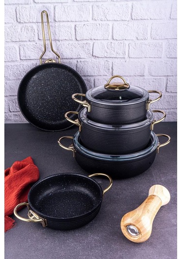 Bambum Node - 8 Parça Tencere Seti Siyah Siyah - Altın