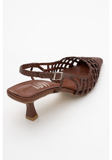 Luvishoes Heaven Koyu Taba Örme Arkası Açık Kadın Kısa Topuklu Ayakkabı Taba