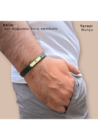 Archin Terazi Burçlarına Yeşil Derili 14 Ayar Altın Plakalı Dikdörtgen Motifli Hediye Bileklik-371burç Terazi