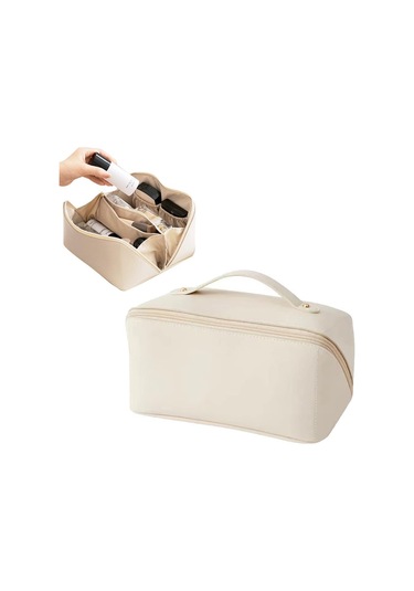 Suofeng Vegan Deri Çift Katlı Bulut Desenli Su Geçirmez Kozmetik Çantası, Geniş Açılışlı Kaliteli Fermuar İle Seyahat Ve Ev Kullanıma Uygun Büyük Kapasiteli Organizer Beyaz