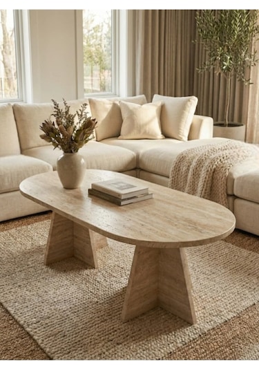 Modern Oval Orta Sehpa Traverten