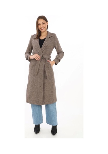 Kadın Astarlı Balık Sırtı Kaşmir Kaşe Kaban - Vizon Vizon