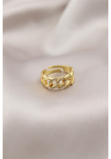 Gold Renk Metal Zincir Model Taşlı Kadın Yüzük Altın