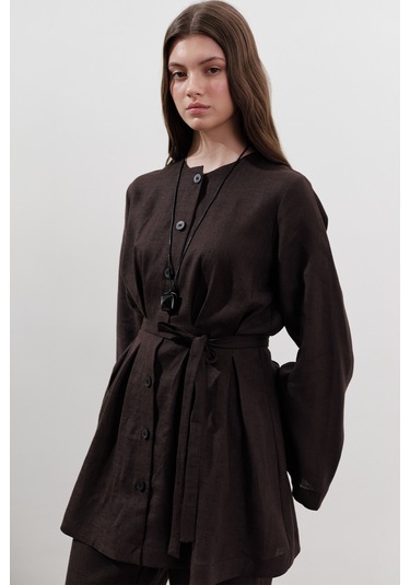 Keten Pensli Tunik Acı Kahve Acı Kahve