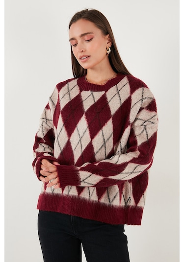 Lela Oversize Fit Bisiklet Yaka Baklava Desenli Yumuşak Dokulu Bayan Kazak 4616223 Bordo
