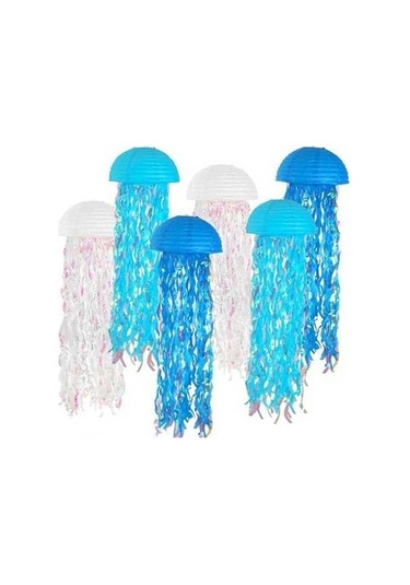 Opulentliving 6 Adet Mavi-beyaz Denizanası Kağıt Fener - Parti Dekorasyonu, Renkli Asılı Fenerler Mavi - Beyaz