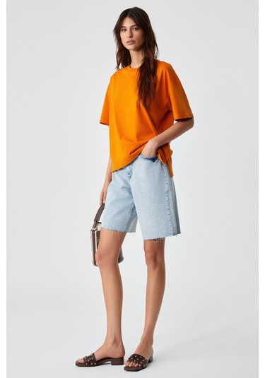 Jemmy Kadın %100 Organik Pamuk Relaxed Fit Yırtmaçlı Yuvarlak Yakalı Turuncu T-Shirt