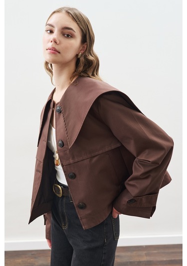 Geniş Yaka Gabardin Ceket Çikolata Çikolata