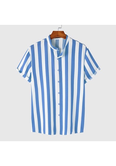 Mavi İncerun S-xxxxxl Yaz Erkek Kısa Kollu Çizgili Gömlek Casual Gevşek Üstler Basic Camisa T-shirt Mavi