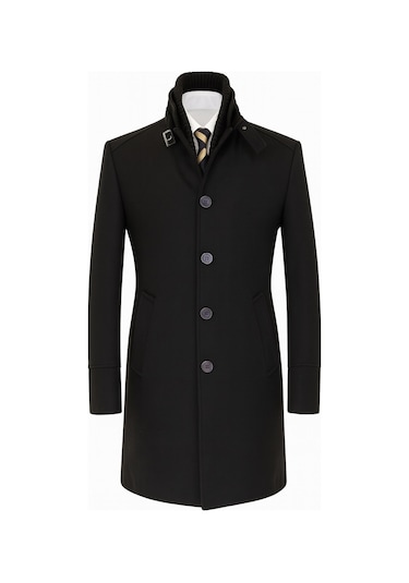 Erkek Slim Fit Kaşe Kaban Çıkarılabilir Ribanalı Fermuarlı Yaka, S Xxl Siyah