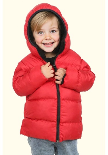Erkek Çocuk Polarlı Kürklü Kapüşonlu Su Geçirmez Rüzgara Dayanıklı Şişme Kışlık Mont Kaban Kırmızı